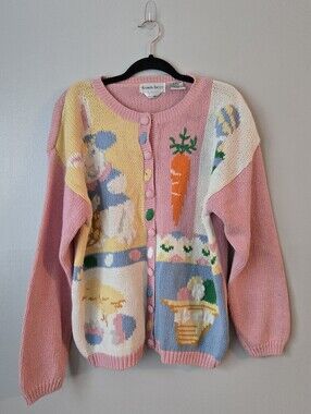 Alexandra Bartlett Vintage Easter Cardigan XL Pink Ramie Cotton Bunny Knit